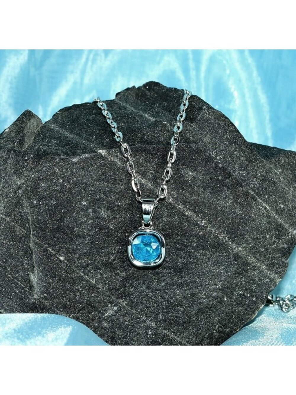 Jemma Topaz Blue Color Square Crystal Pendant Necklace Gift Packaged
